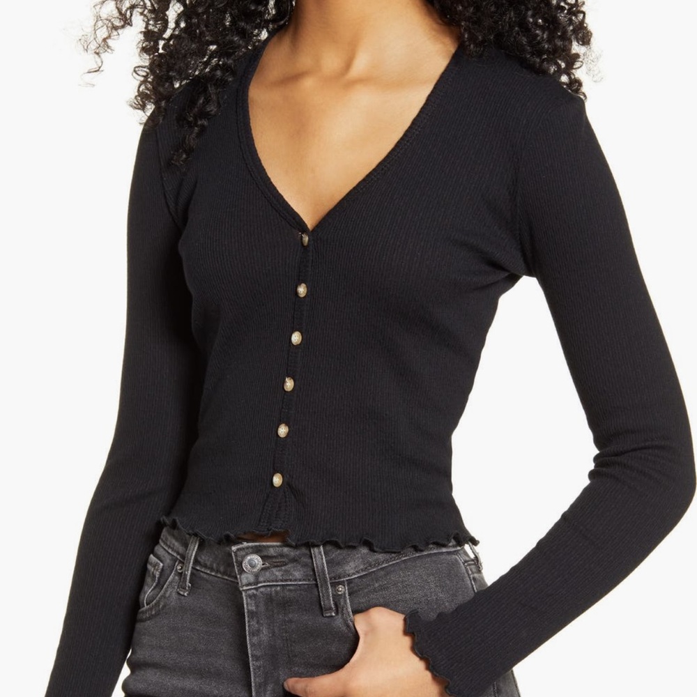 Nordstrom Black Button-Up Ribbed Top